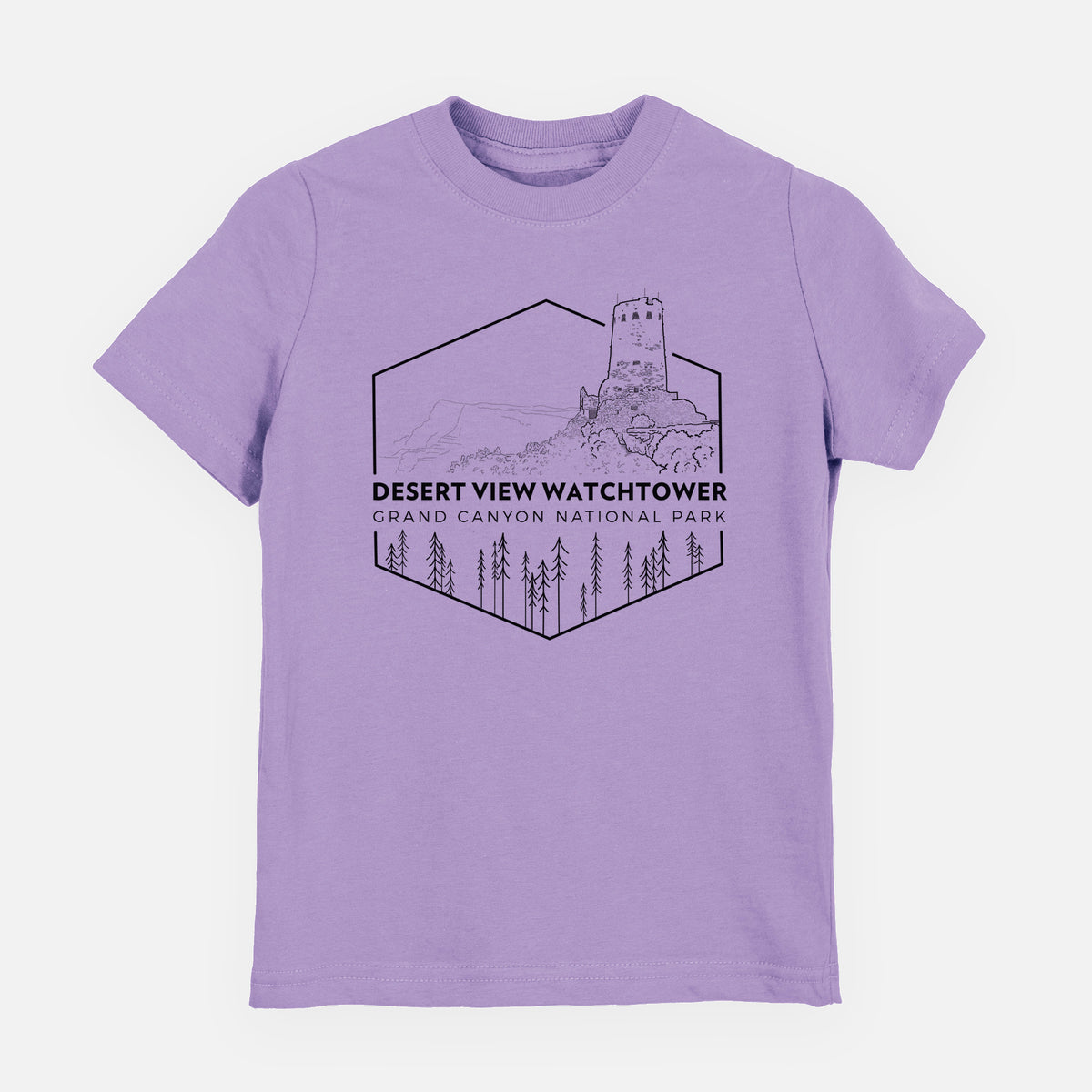 Lavender youth t-shirt laid flat, printed with a black line art badge of the Desert View Watchtower above pine trees, with the words Desert View Watchtower, Grand Canyon National Park.