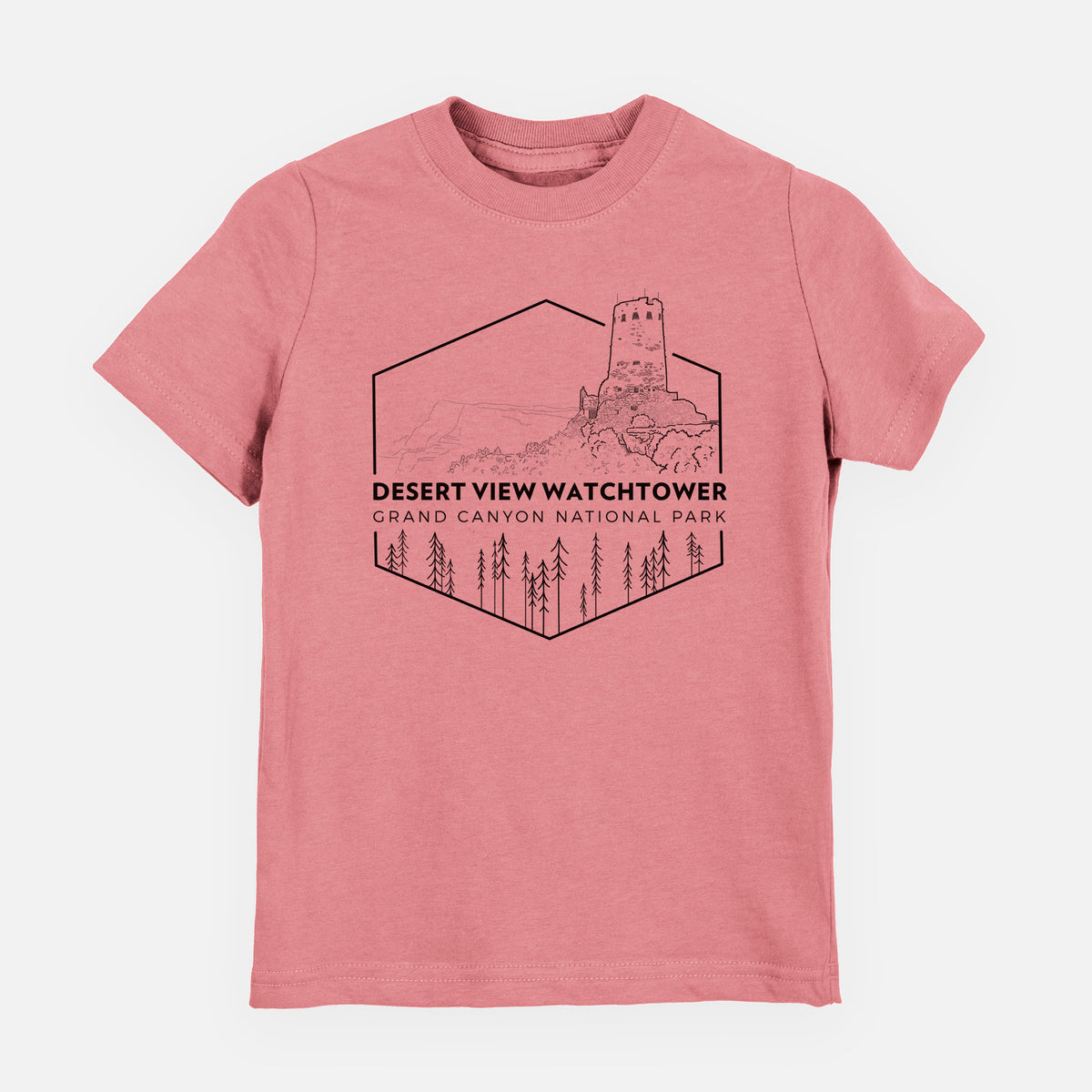 Mauve pink youth t-shirt laid flat, printed with a black line art badge of the Desert View Watchtower above pine trees, with the words Desert View Watchtower, Grand Canyon National Park.