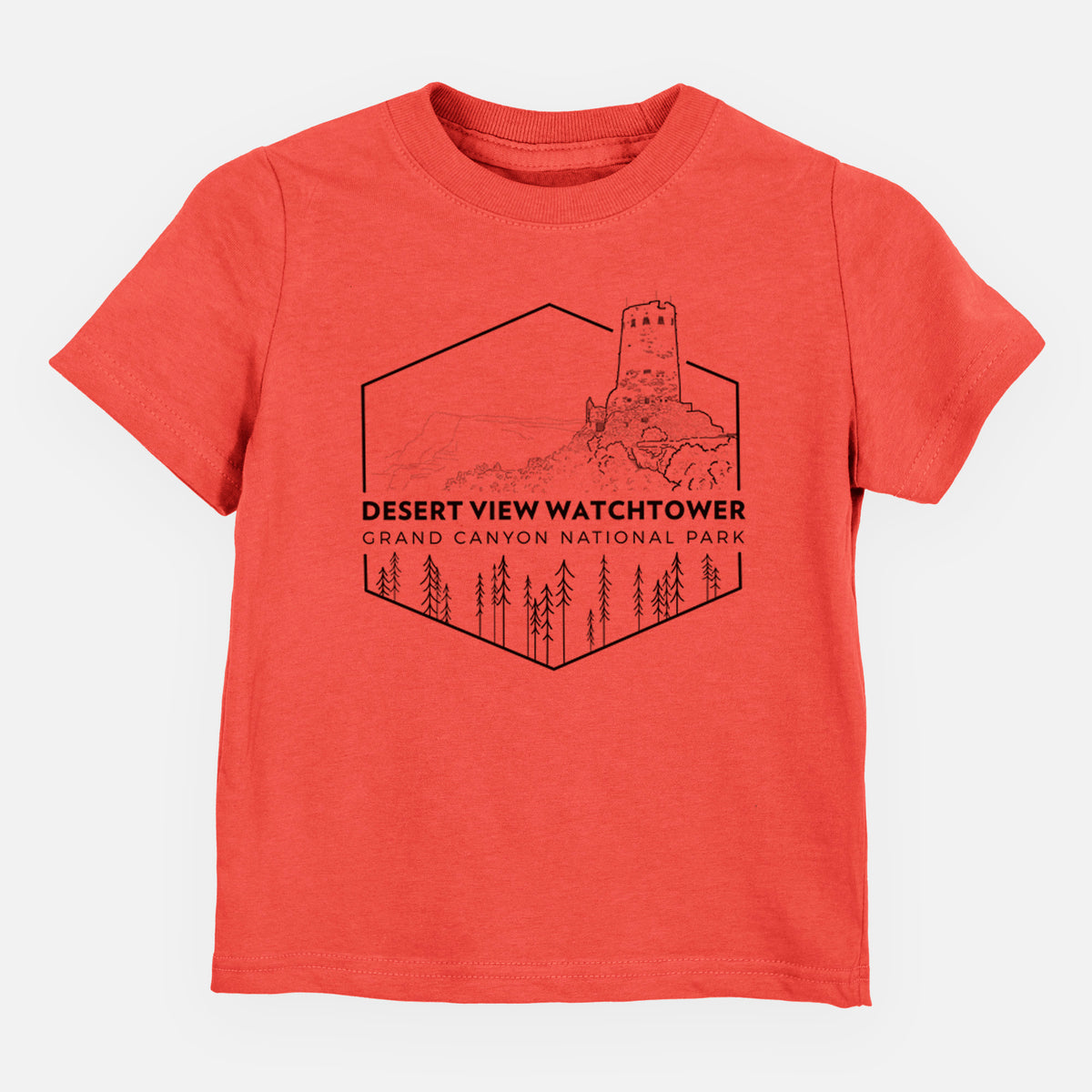 Passionfruit pink toddler t-shirt laid flat, printed with a black line art badge of the Desert View Watchtower above pine trees, with the words Desert View Watchtower, Grand Canyon National Park.