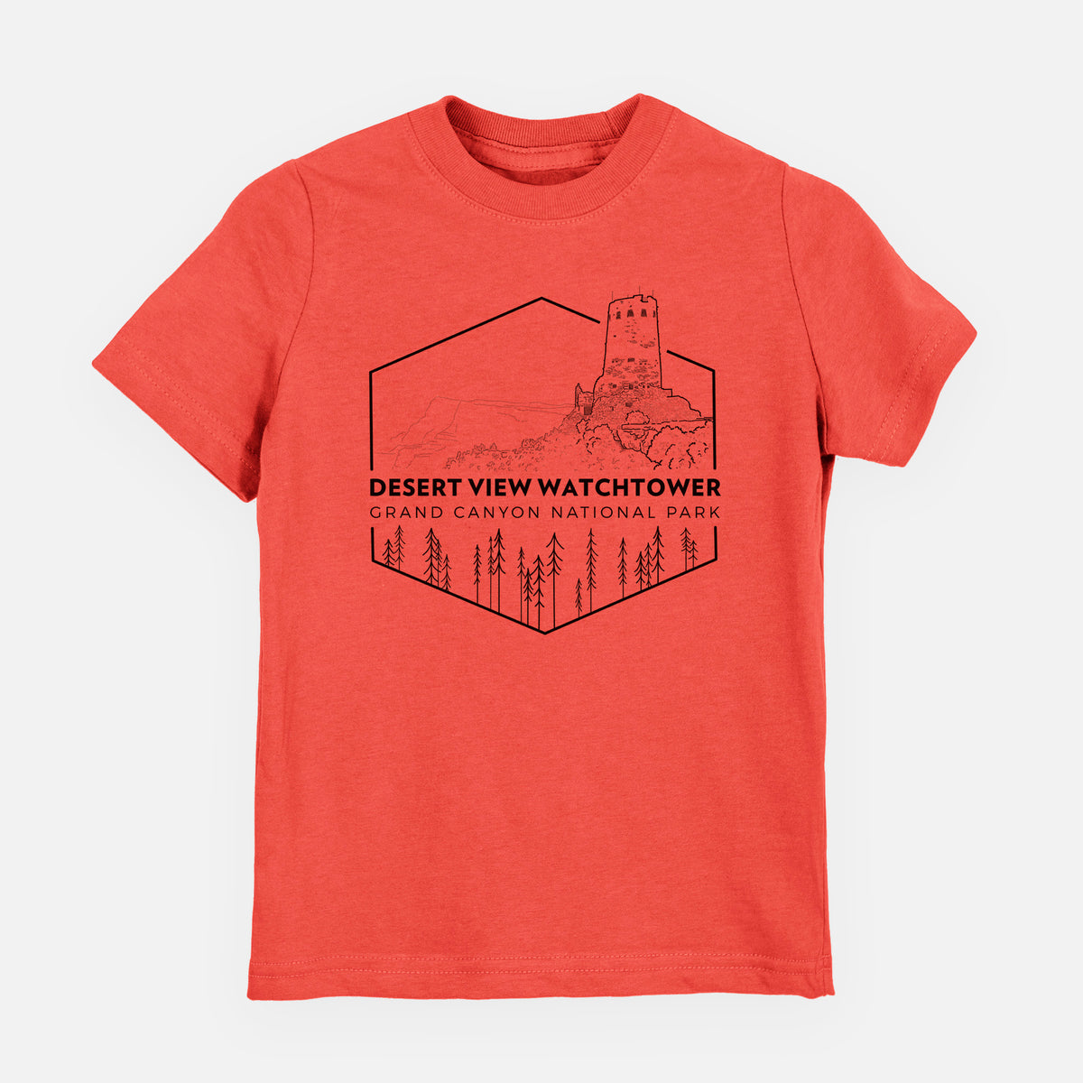 Passionfruit pink youth t-shirt laid flat, printed with a black line art badge of the Desert View Watchtower above pine trees, with the words Desert View Watchtower, Grand Canyon National Park.