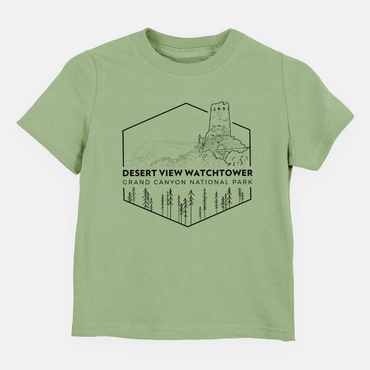 Sage green toddler t-shirt laid flat, printed with a black line art badge of the Desert View Watchtower above pine trees, with the words Desert View Watchtower, Grand Canyon National Park.