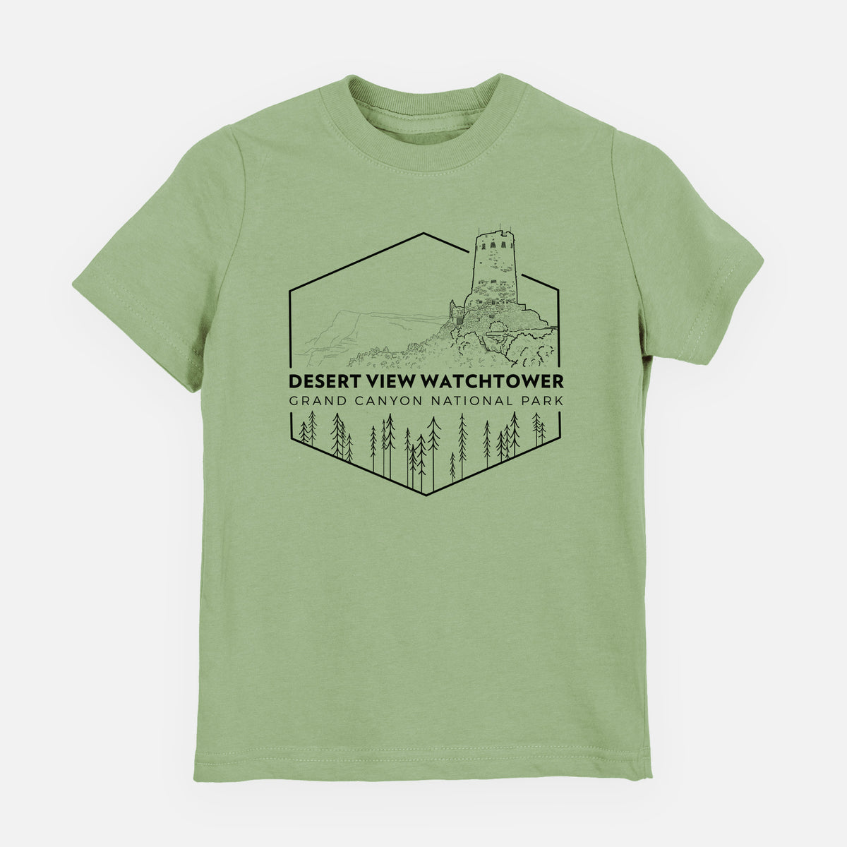 Sage green youth t-shirt laid flat, printed with a black line art badge of the Desert View Watchtower above pine trees, with the words Desert View Watchtower, Grand Canyon National Park.