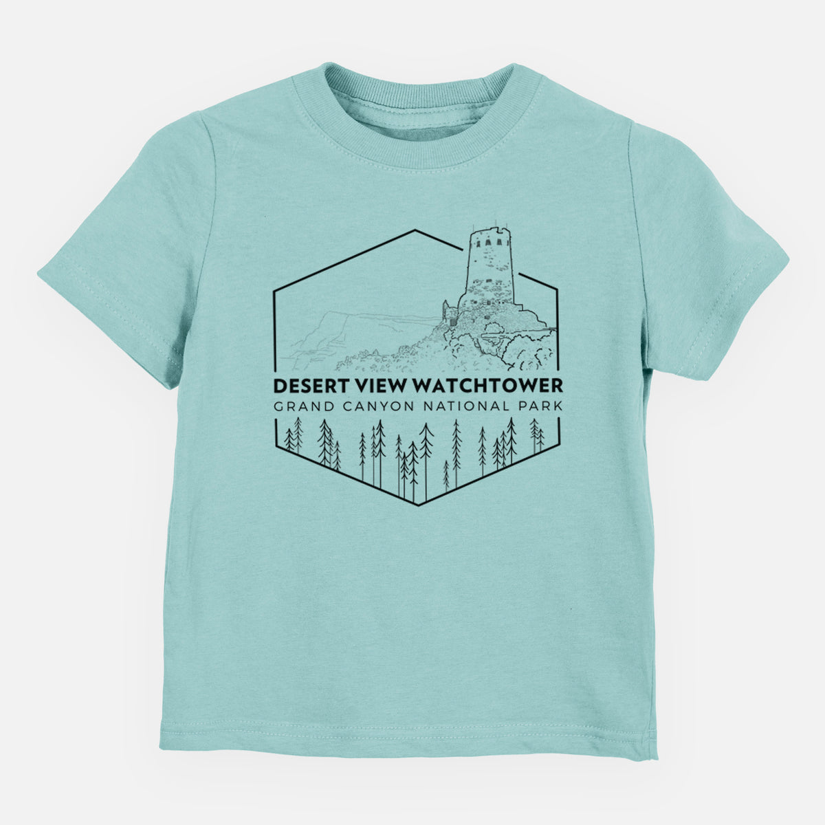 Saltwater toddler t-shirt laid flat, printed with a black line art badge of the Desert View Watchtower above pine trees, with the words Desert View Watchtower, Grand Canyon National Park.