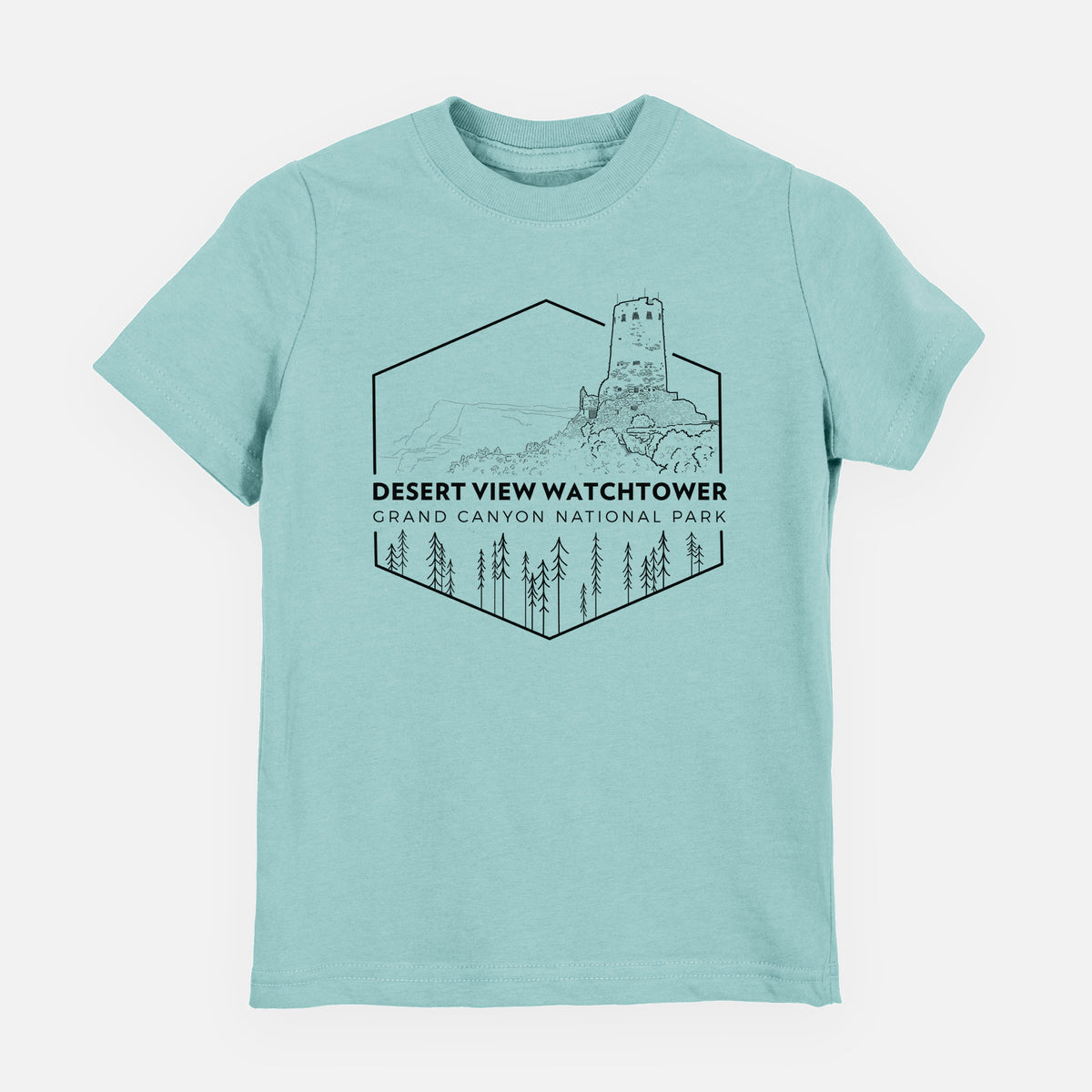 Saltwater youth t-shirt laid flat, printed with a black line art badge of the Desert View Watchtower above pine trees, with the words Desert View Watchtower, Grand Canyon National Park.