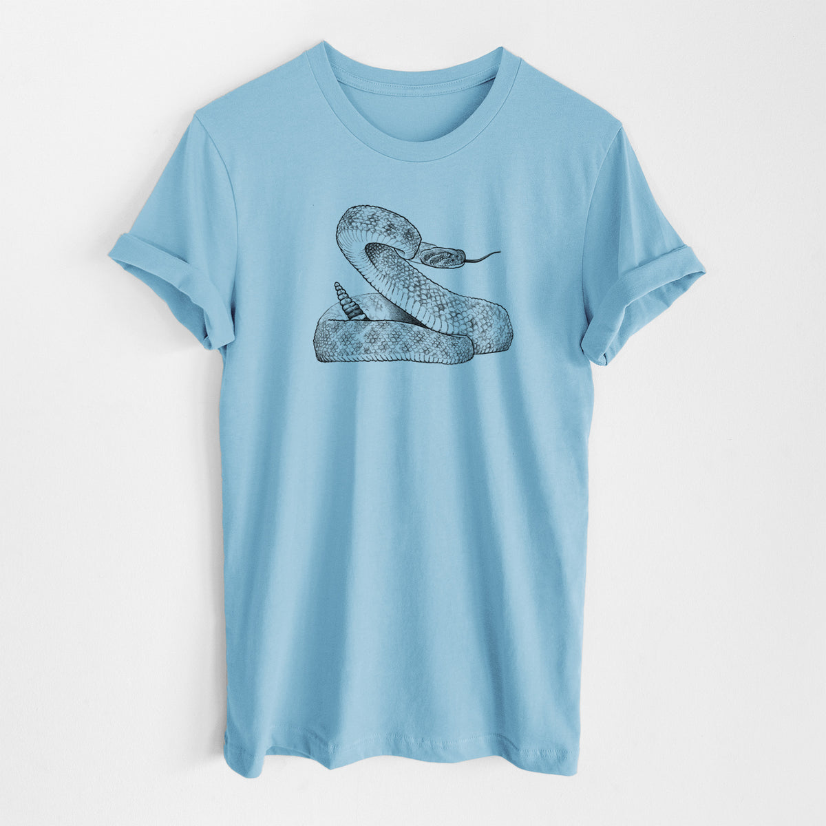 Ocean blue lightweight cotton t-shirt laid flat, printed with a detailed black ink illustration of a coiled diamondback rattlesnake.