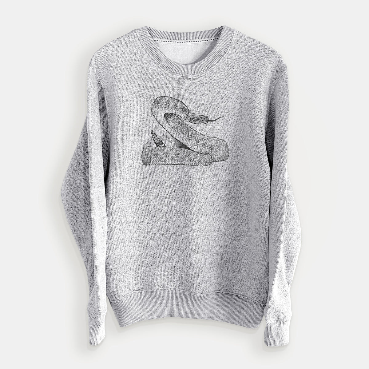 Salt and pepper knit sweatshirt laid flat, printed with a detailed black ink illustration of a coiled diamondback rattlesnake.