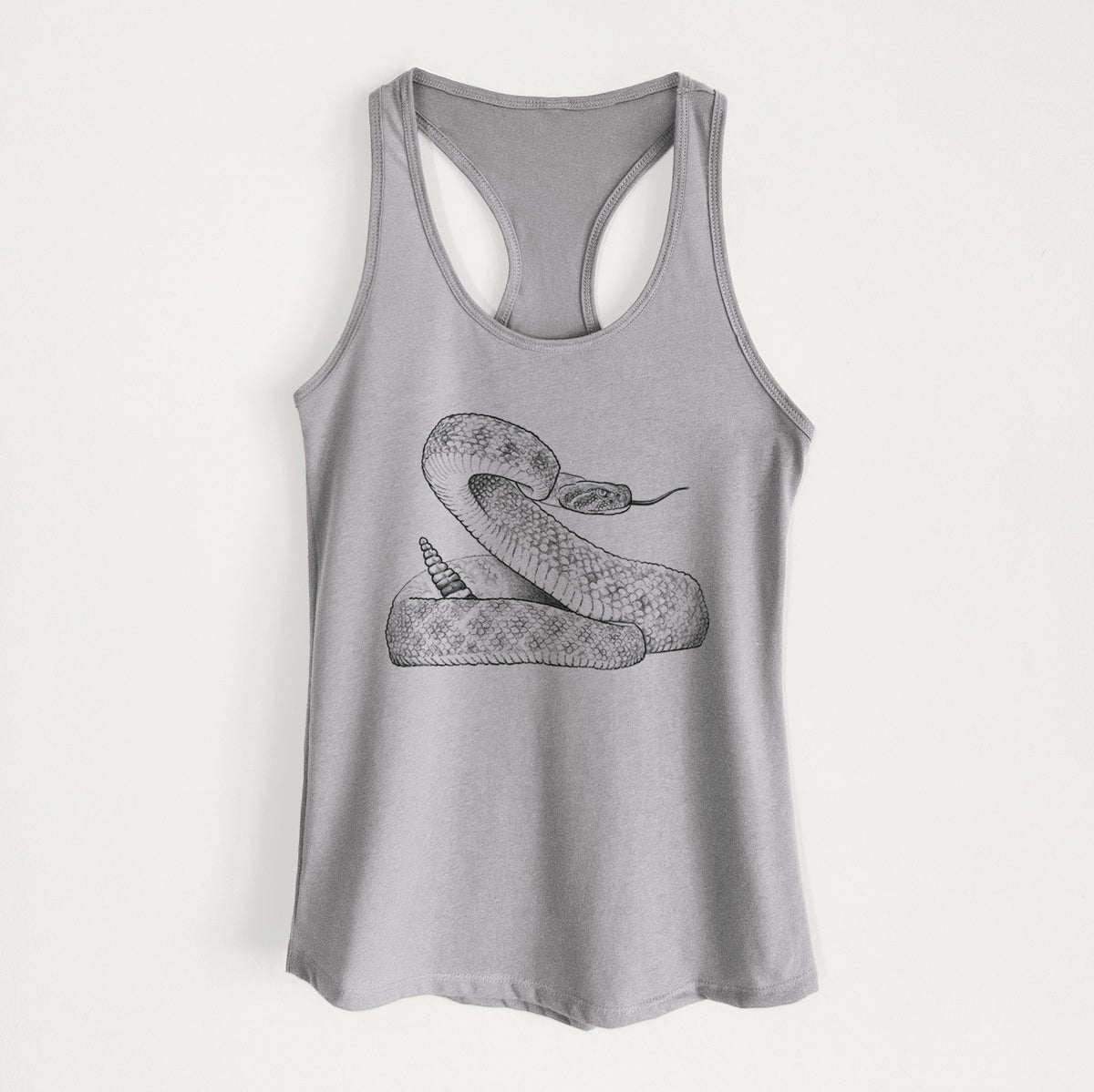 Heather grey women's racerback tank top laid flat, printed with a detailed black ink illustration of a coiled diamondback rattlesnake.