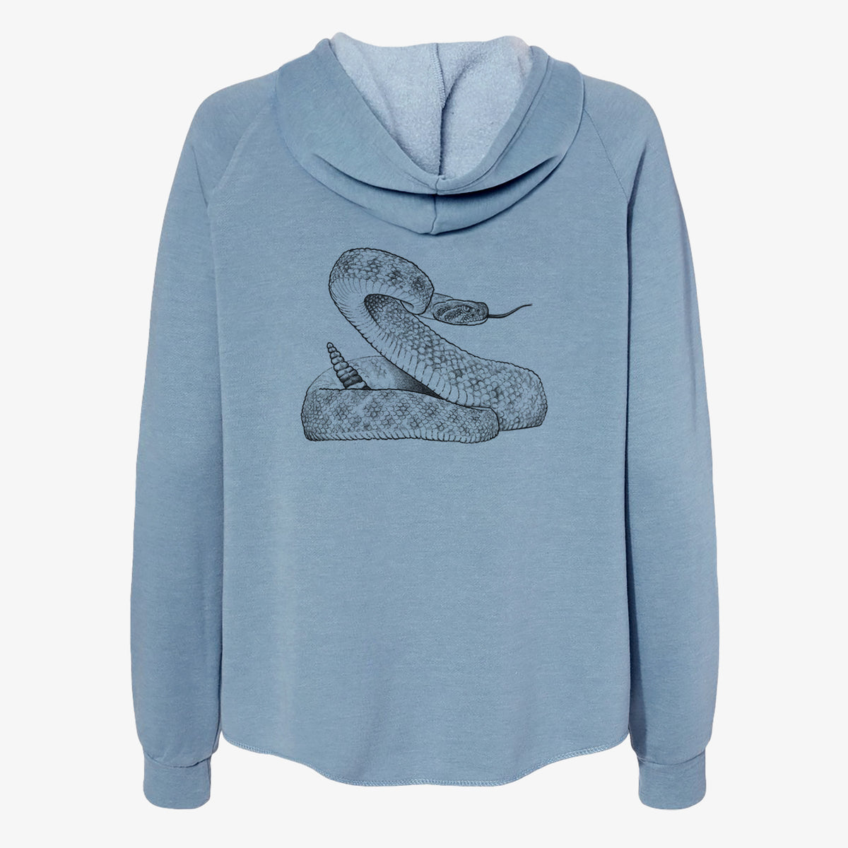 Misty blue women's Cali Wave zip-up sweatshirt laid flat, printed with a detailed black ink illustration of a coiled diamondback rattlesnake.