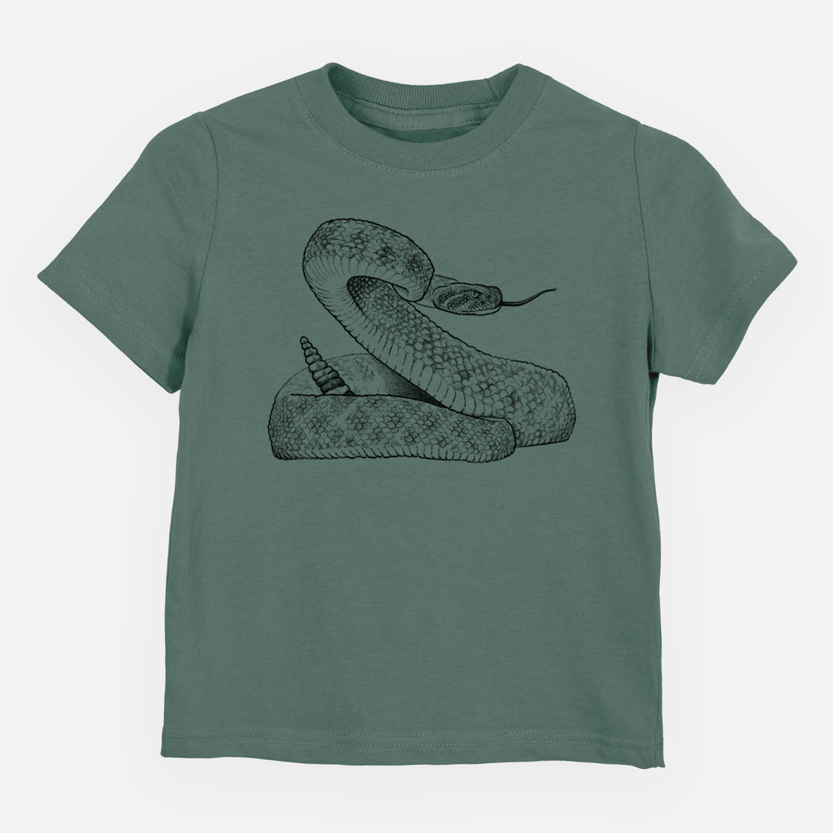 Basil green toddler t-shirt laid flat, printed with a detailed black ink illustration of a coiled diamondback rattlesnake.