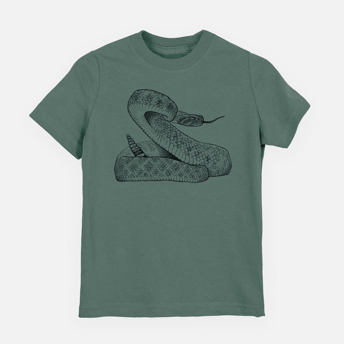 Basil green youth t-shirt laid flat, printed with a detailed black ink illustration of a coiled diamondback rattlesnake.