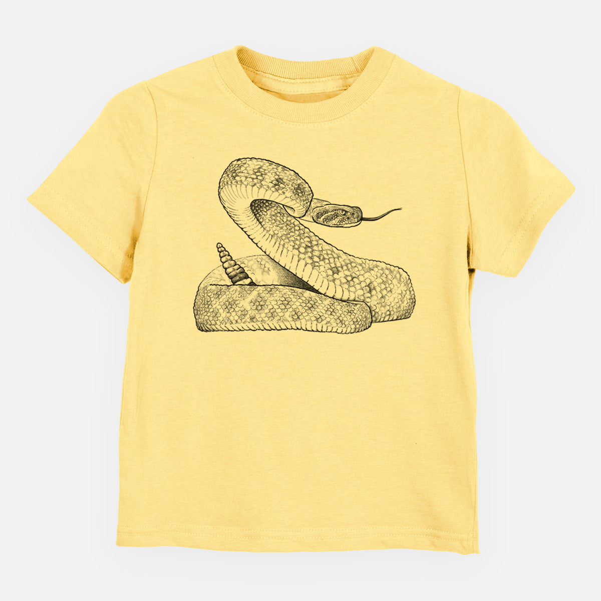 Butter yellow toddler t-shirt laid flat, printed with a detailed black ink illustration of a coiled diamondback rattlesnake.