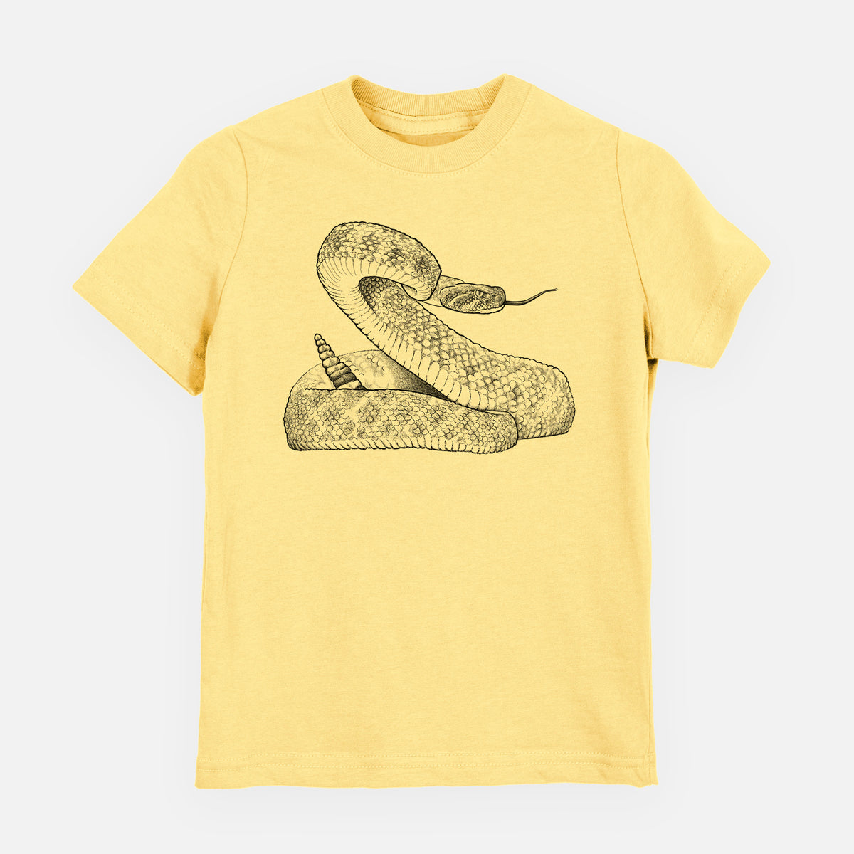 Butter yellow youth t-shirt laid flat, printed with a detailed black ink illustration of a coiled diamondback rattlesnake.