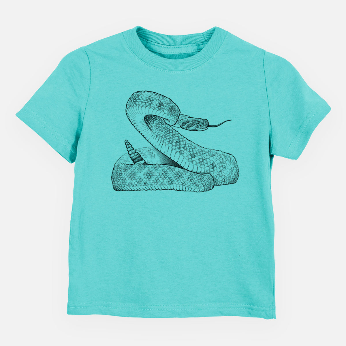 Caribbean blue toddler t-shirt laid flat, printed with a detailed black ink illustration of a coiled diamondback rattlesnake.