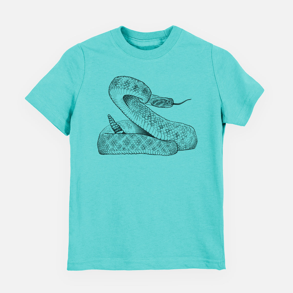 Caribbean blue youth t-shirt laid flat, printed with a detailed black ink illustration of a coiled diamondback rattlesnake.