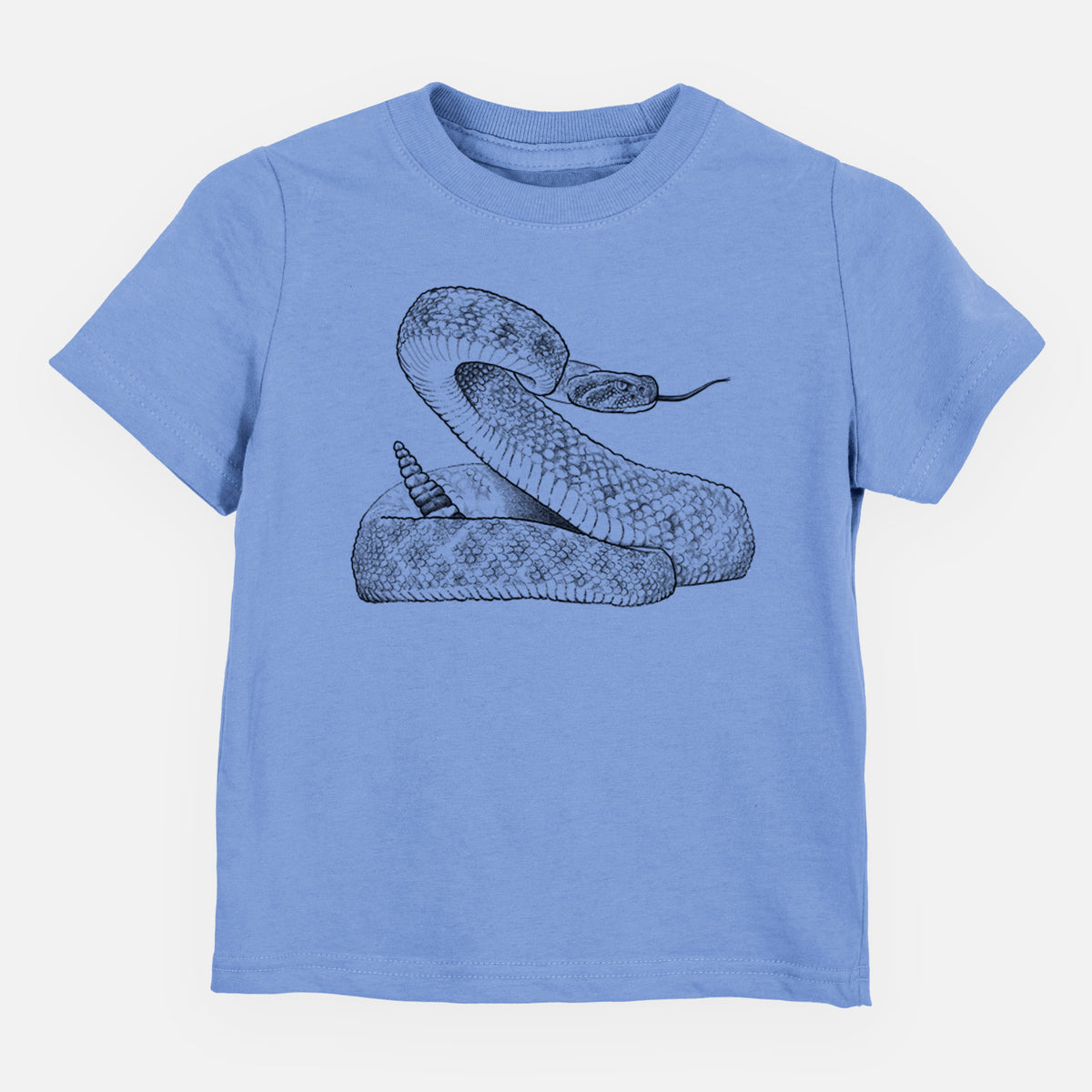 Carolina blue toddler t-shirt laid flat, printed with a detailed black ink illustration of a coiled diamondback rattlesnake.