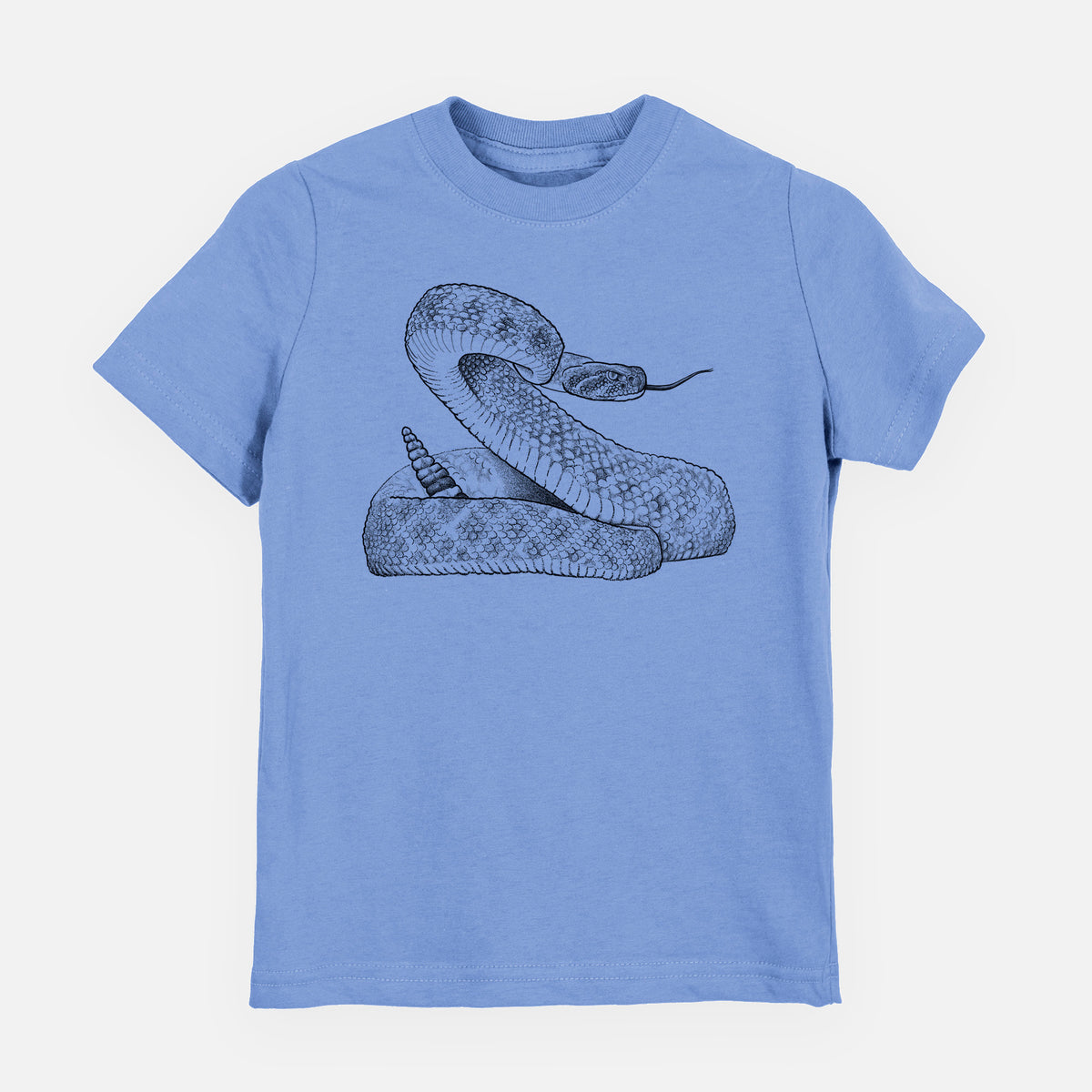 Carolina blue youth t-shirt laid flat, printed with a detailed black ink illustration of a coiled diamondback rattlesnake.