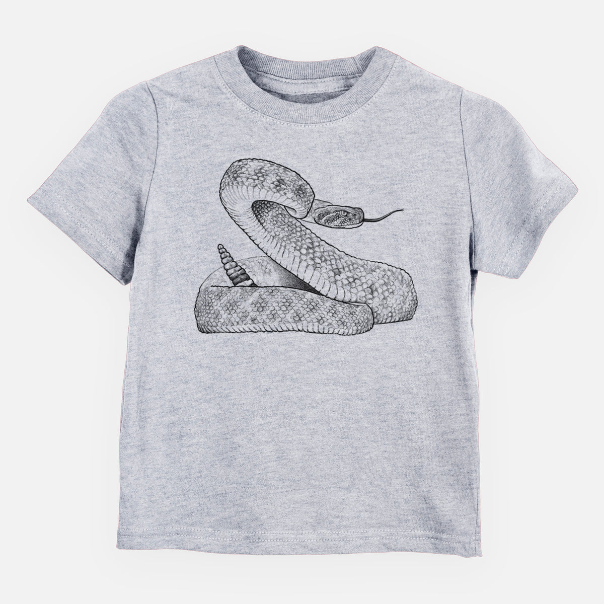 Heather grey toddler t-shirt laid flat, printed with a detailed black ink illustration of a coiled diamondback rattlesnake.