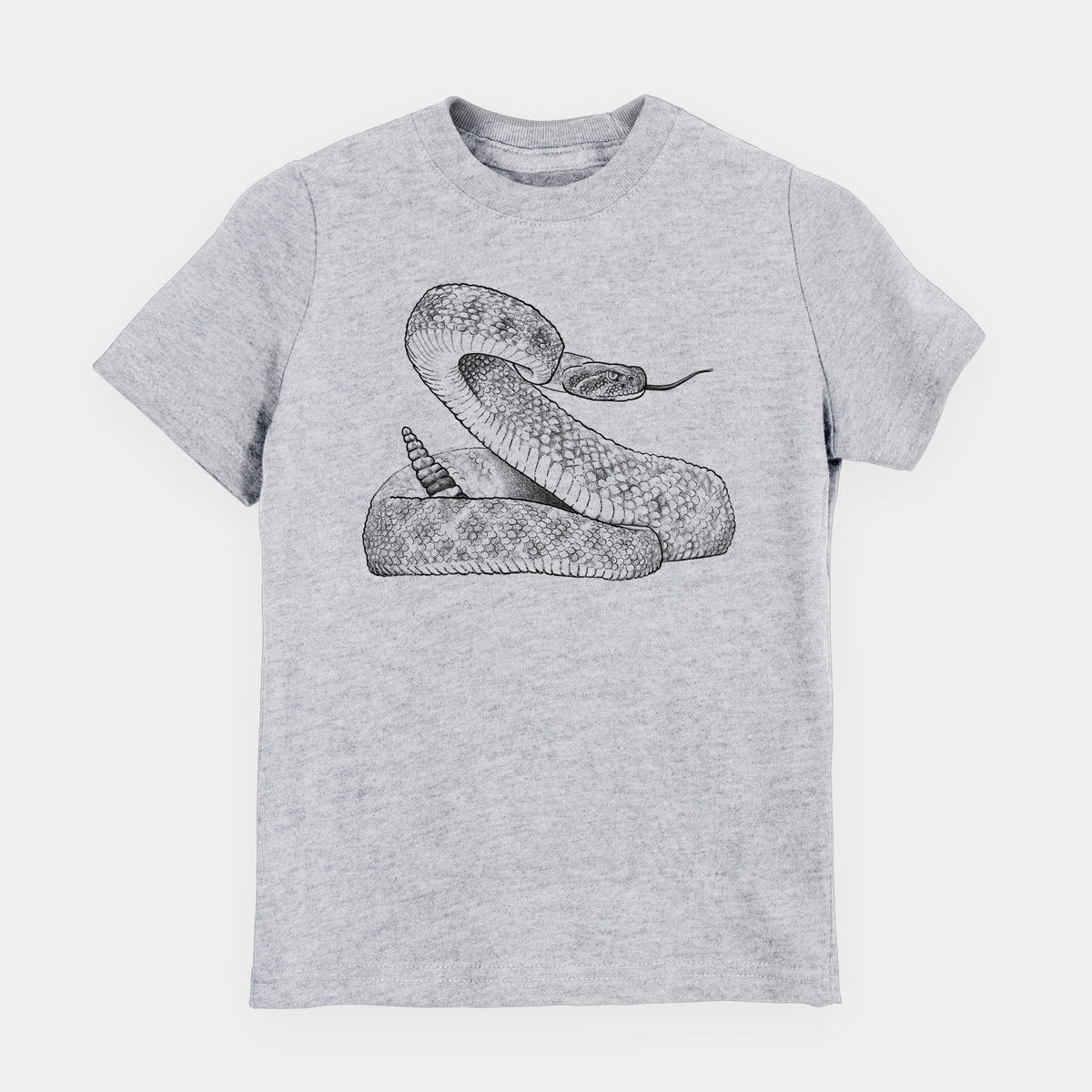 Heather grey youth t-shirt laid flat, printed with a detailed black ink illustration of a coiled diamondback rattlesnake.