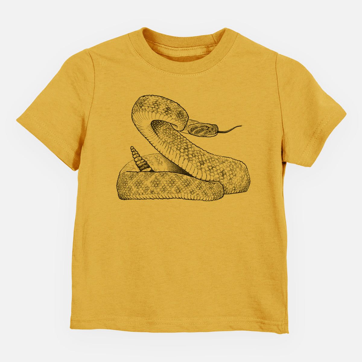 Honeycomb yellow toddler t-shirt laid flat, printed with a detailed black ink illustration of a coiled diamondback rattlesnake.