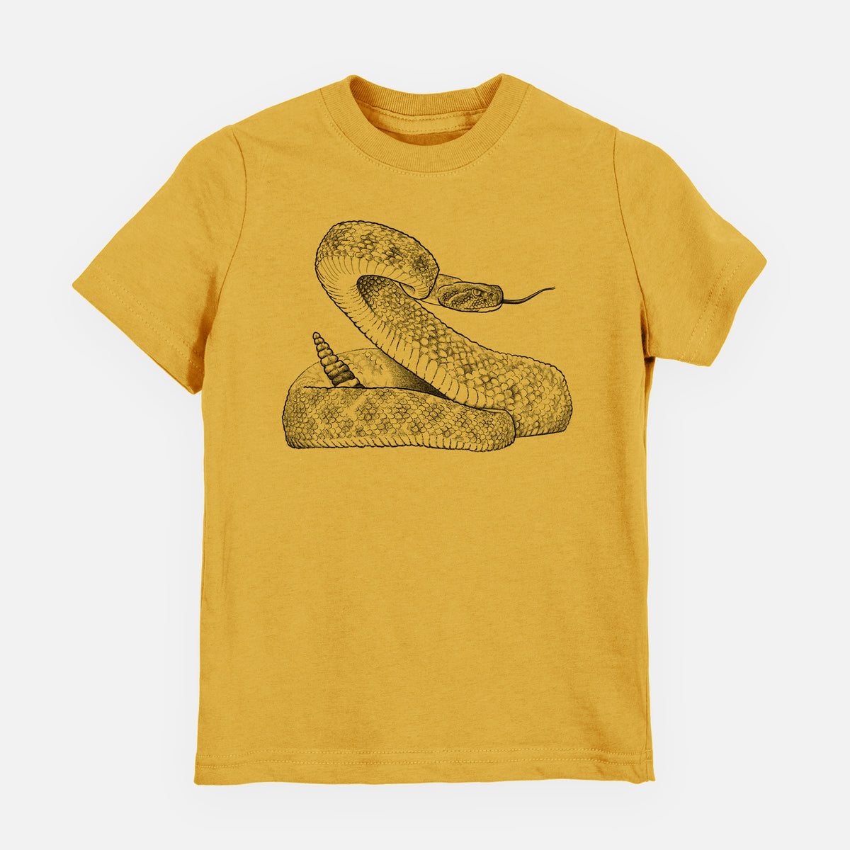 Honeycomb yellow youth t-shirt laid flat, printed with a detailed black ink illustration of a coiled diamondback rattlesnake.