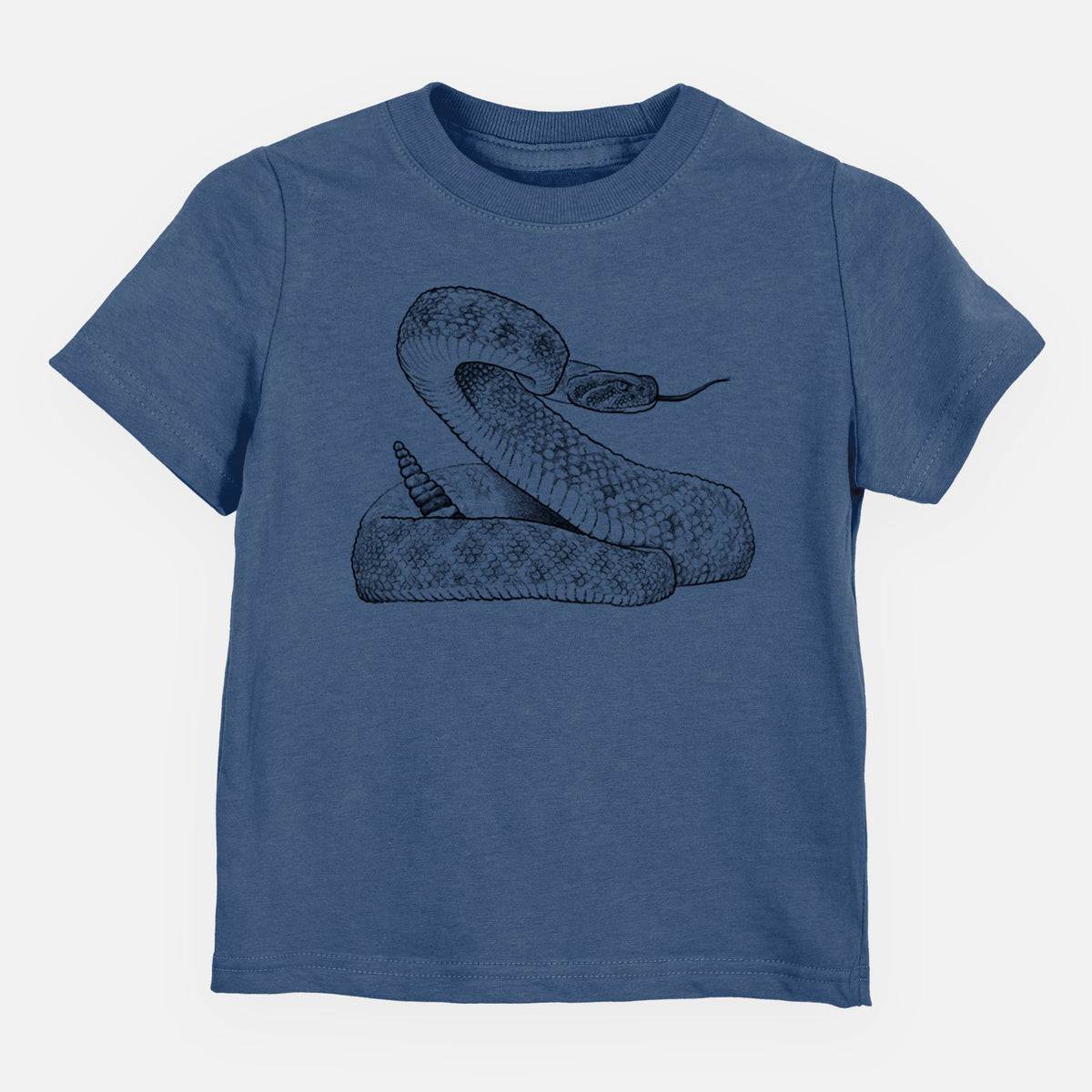 Indigo blue toddler t-shirt laid flat, printed with a detailed black ink illustration of a coiled diamondback rattlesnake.