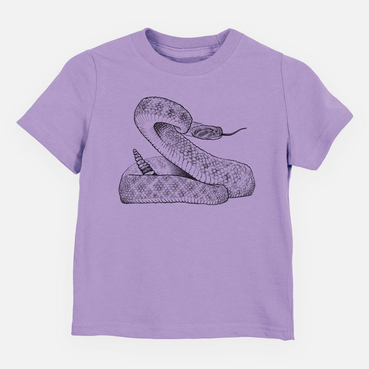 Lavender toddler t-shirt laid flat, printed with a detailed black ink illustration of a coiled diamondback rattlesnake.