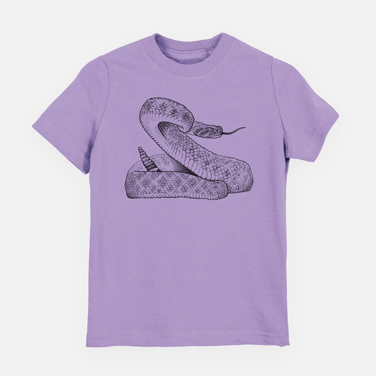 Lavender youth t-shirt laid flat, printed with a detailed black ink illustration of a coiled diamondback rattlesnake.