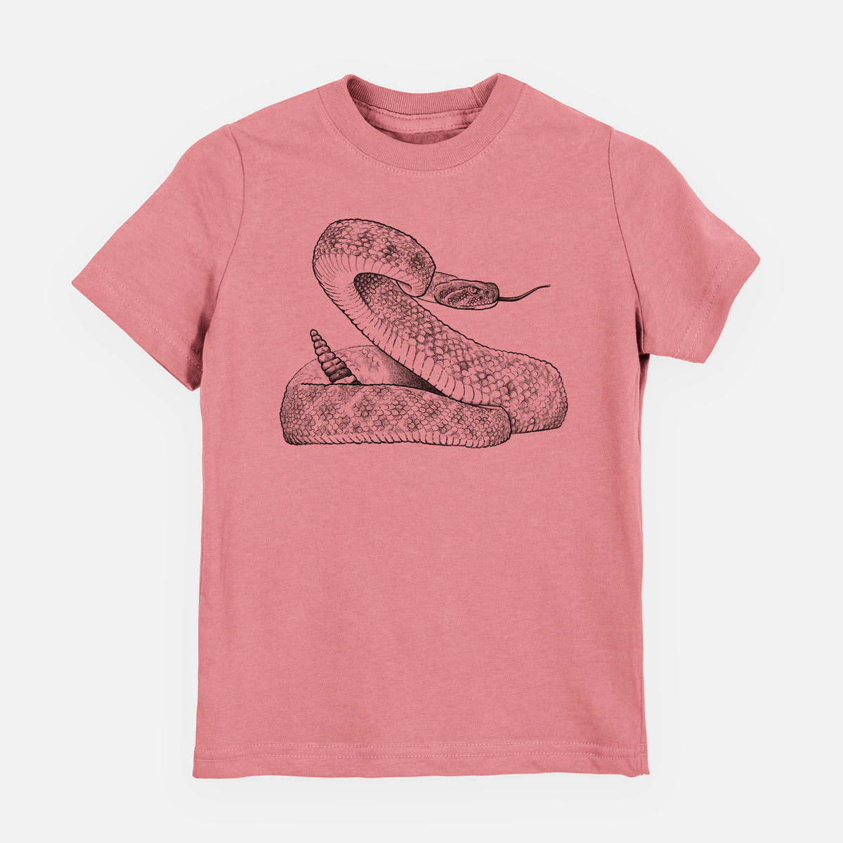 Mauve pink youth t-shirt laid flat, printed with a detailed black ink illustration of a coiled diamondback rattlesnake.