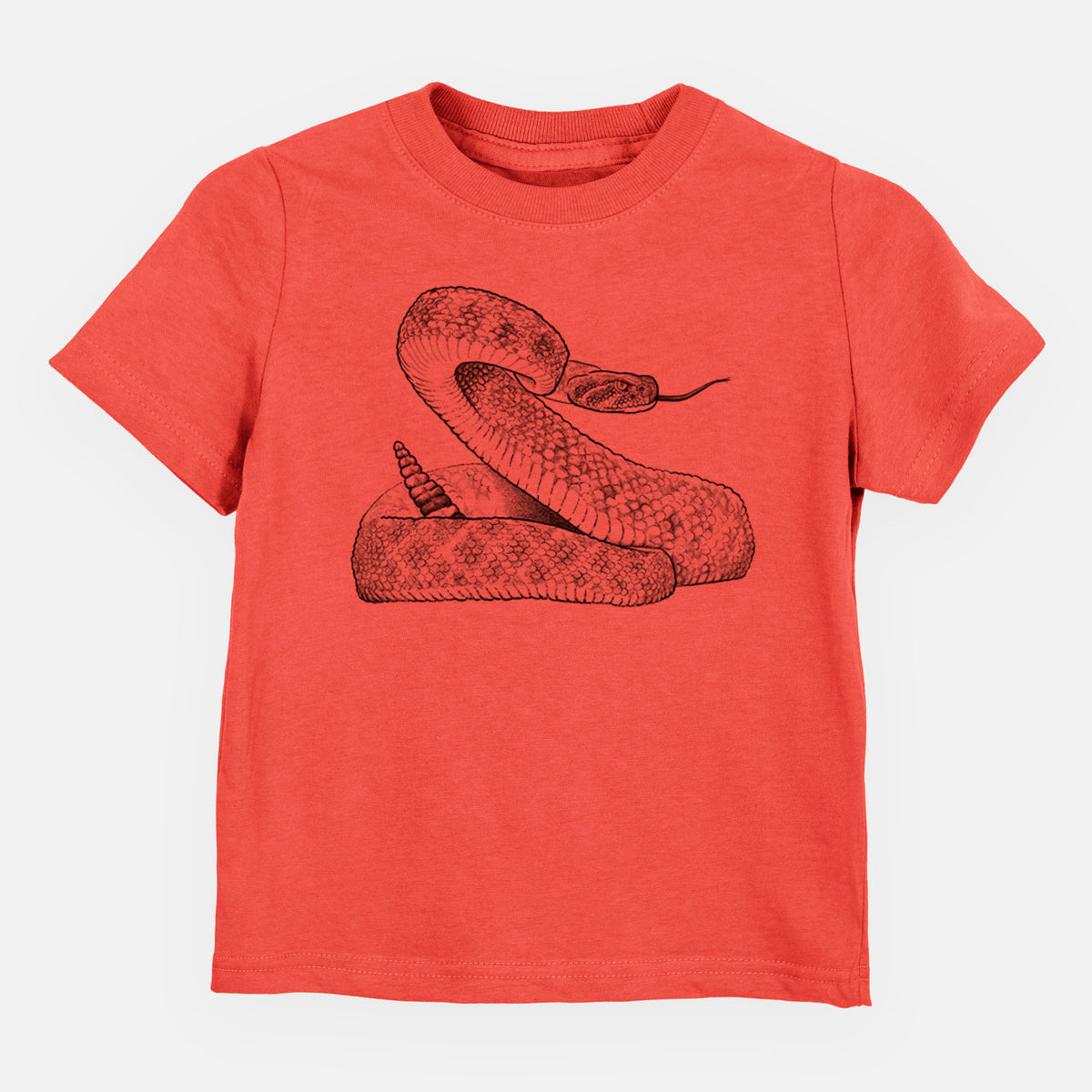 Passionfruit pink toddler t-shirt laid flat, printed with a detailed black ink illustration of a coiled diamondback rattlesnake.