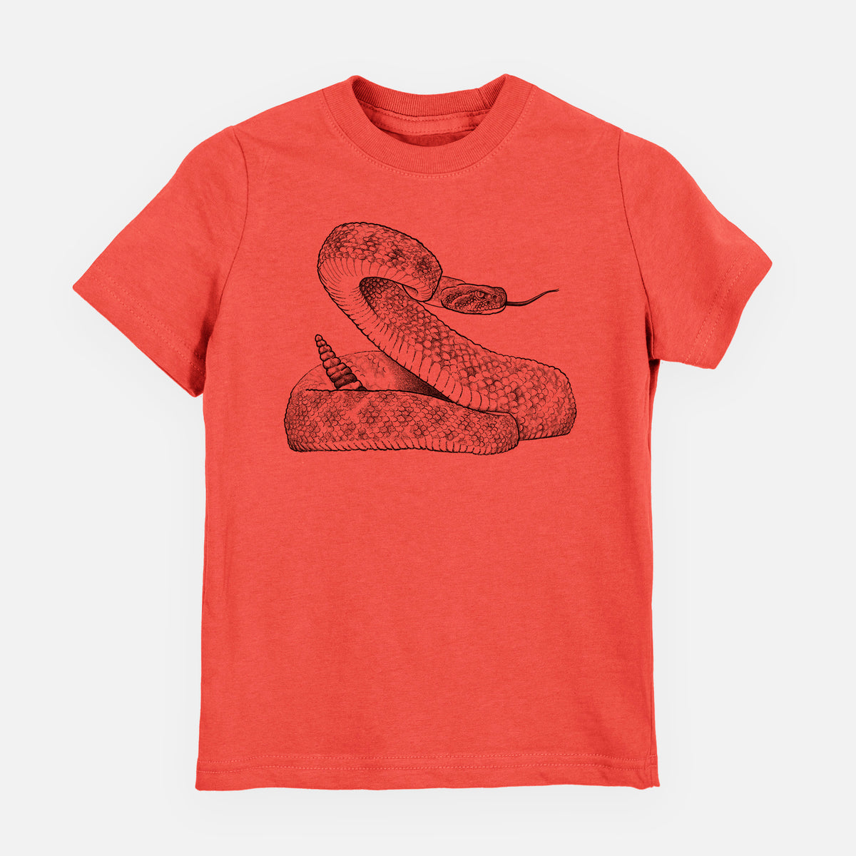 Passionfruit pink youth t-shirt laid flat, printed with a detailed black ink illustration of a coiled diamondback rattlesnake.