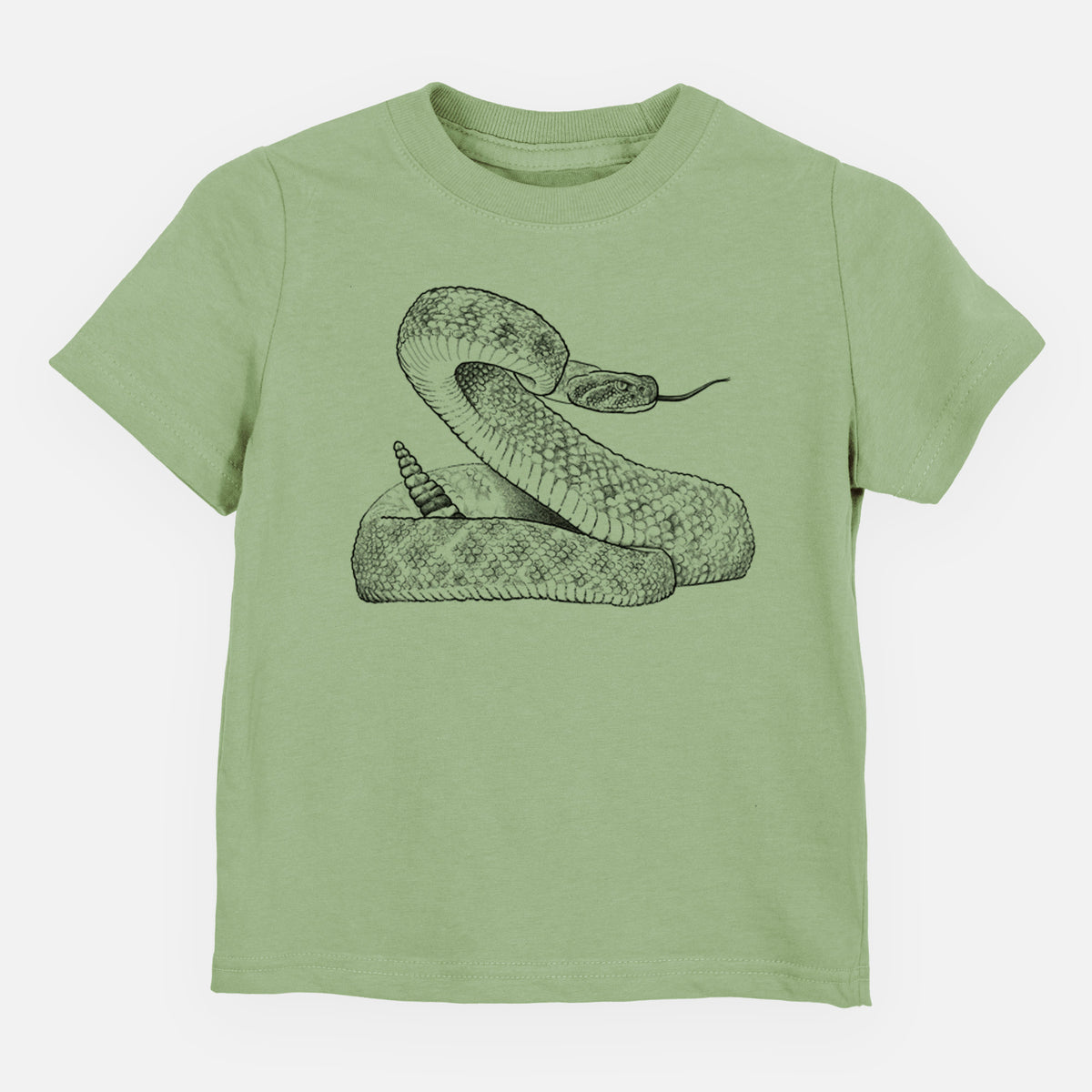 Sage green toddler t-shirt laid flat, printed with a detailed black ink illustration of a coiled diamondback rattlesnake.