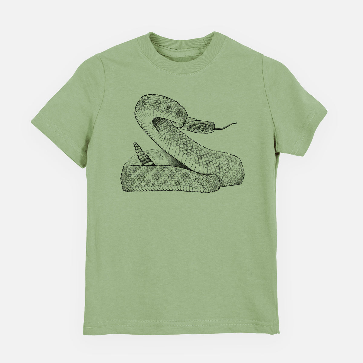 Sage green youth t-shirt laid flat, printed with a detailed black ink illustration of a coiled diamondback rattlesnake.