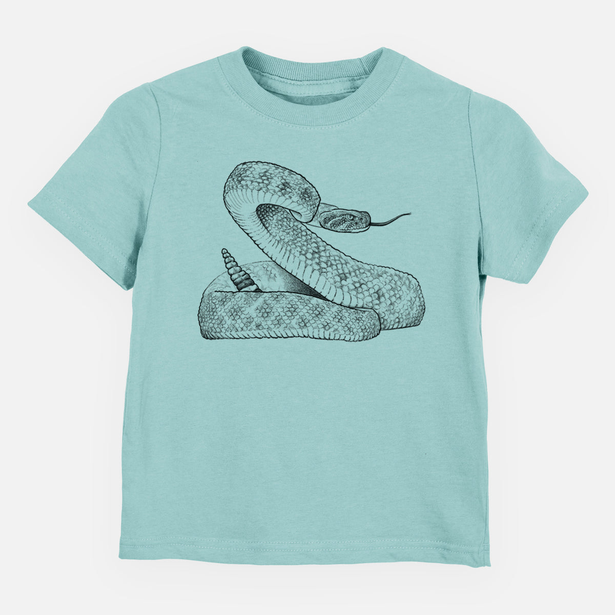 Saltwater toddler t-shirt laid flat, printed with a detailed black ink illustration of a coiled diamondback rattlesnake.