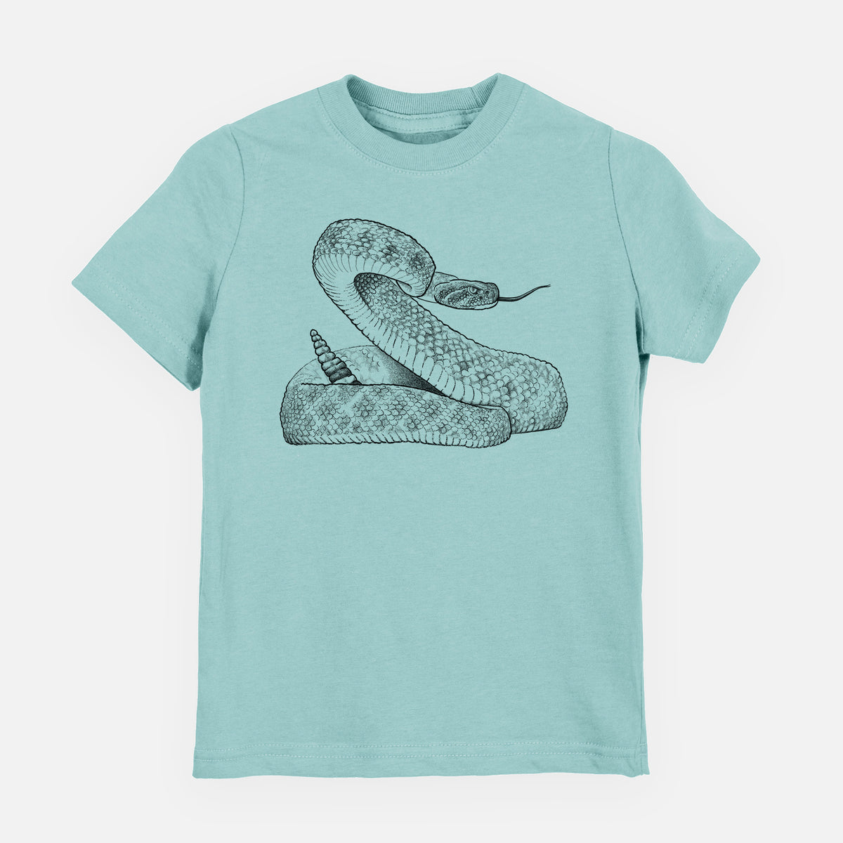 Saltwater youth t-shirt laid flat, printed with a detailed black ink illustration of a coiled diamondback rattlesnake.