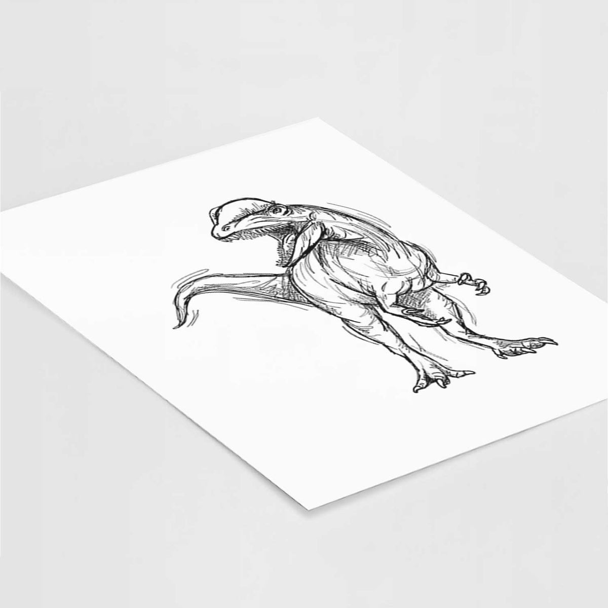 Art print of a black ink illustration of a Dilophosaurus with its neck frill, walking, lying at an angle on a white surface.