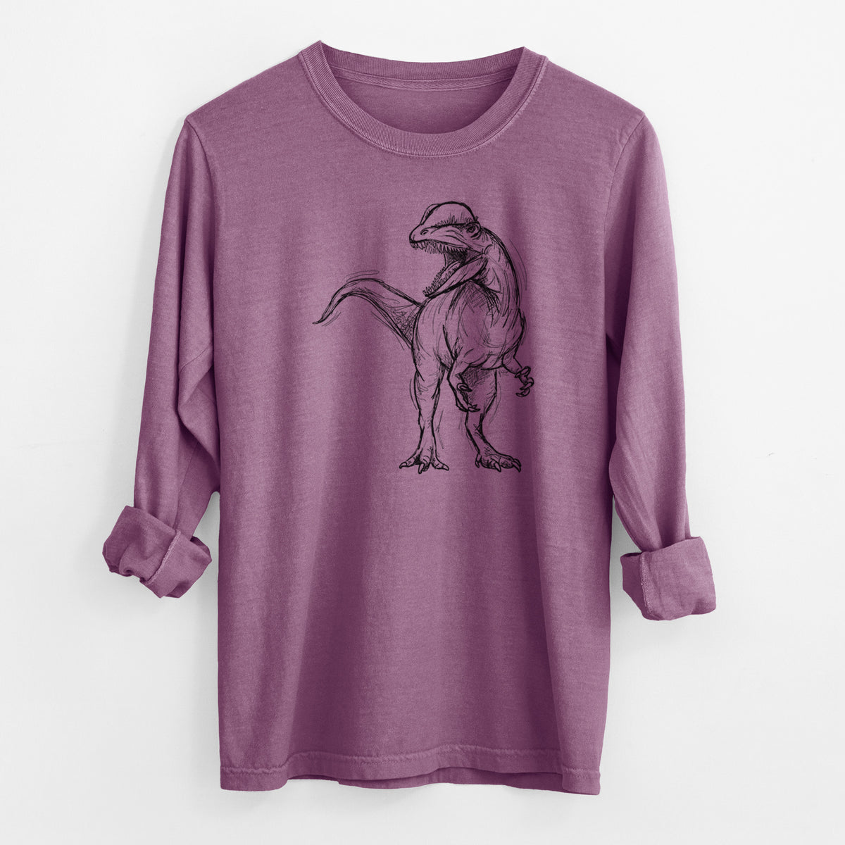 Berry pink Comfort Colors long sleeve shirt laid flat with the cuffs rolled, printed with a black ink illustration of a Dilophosaurus with its neck frill, walking.