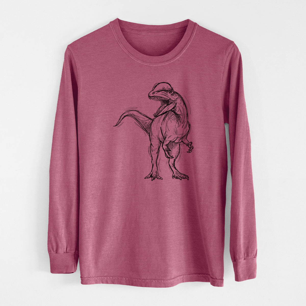 Crimson Comfort Colors long sleeve shirt laid flat, printed with a black ink illustration of a Dilophosaurus with its neck frill, walking.