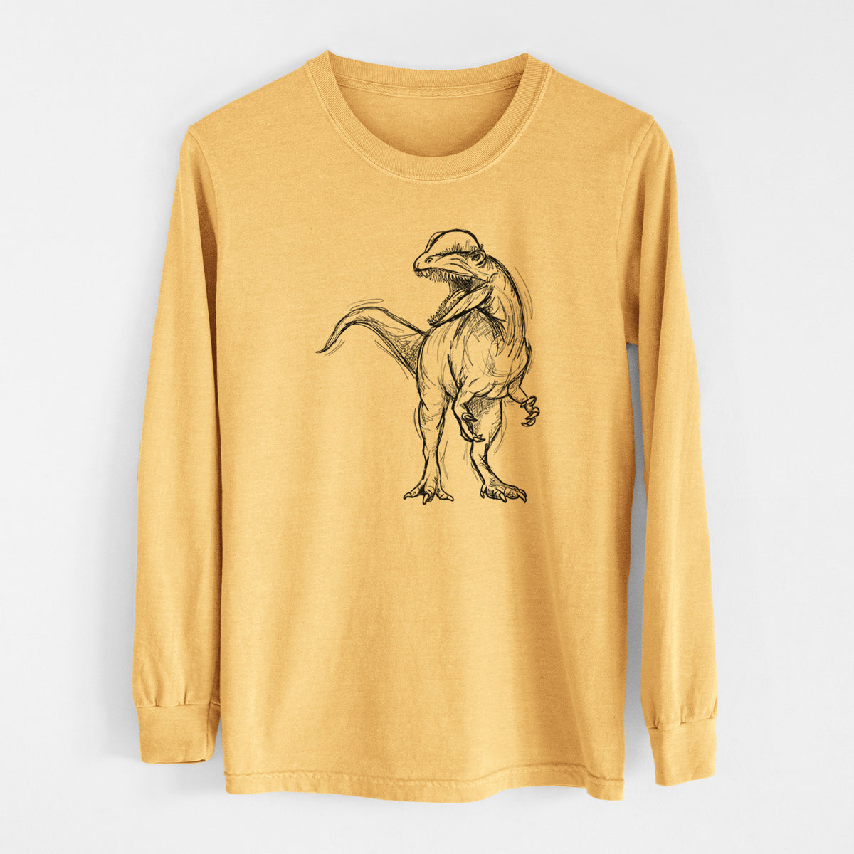 Golden wheat yellow Comfort Colors long sleeve shirt laid flat, printed with a black ink illustration of a Dilophosaurus with its neck frill, walking.