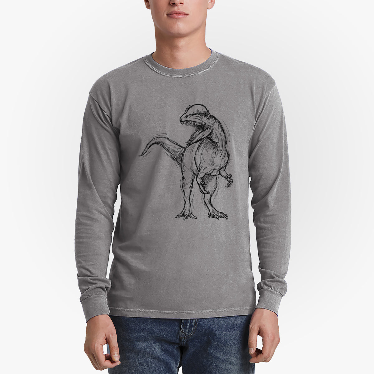 Man wearing a grey Comfort Colors long sleeve shirt printed with a black ink illustration of a Dilophosaurus with its neck frill, walking.