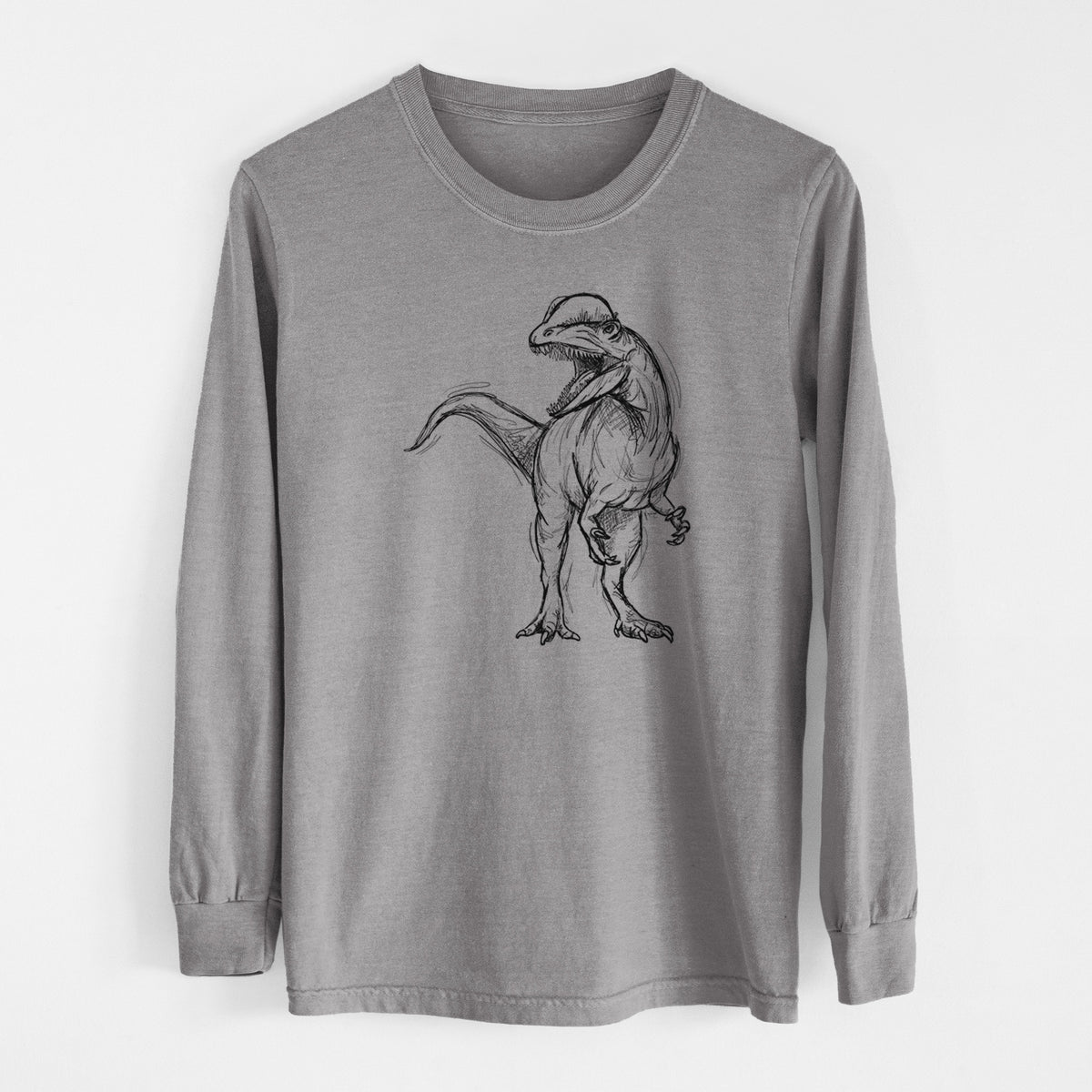 Grey Comfort Colors long sleeve shirt laid flat, printed with a black ink illustration of a Dilophosaurus with its neck frill, walking.