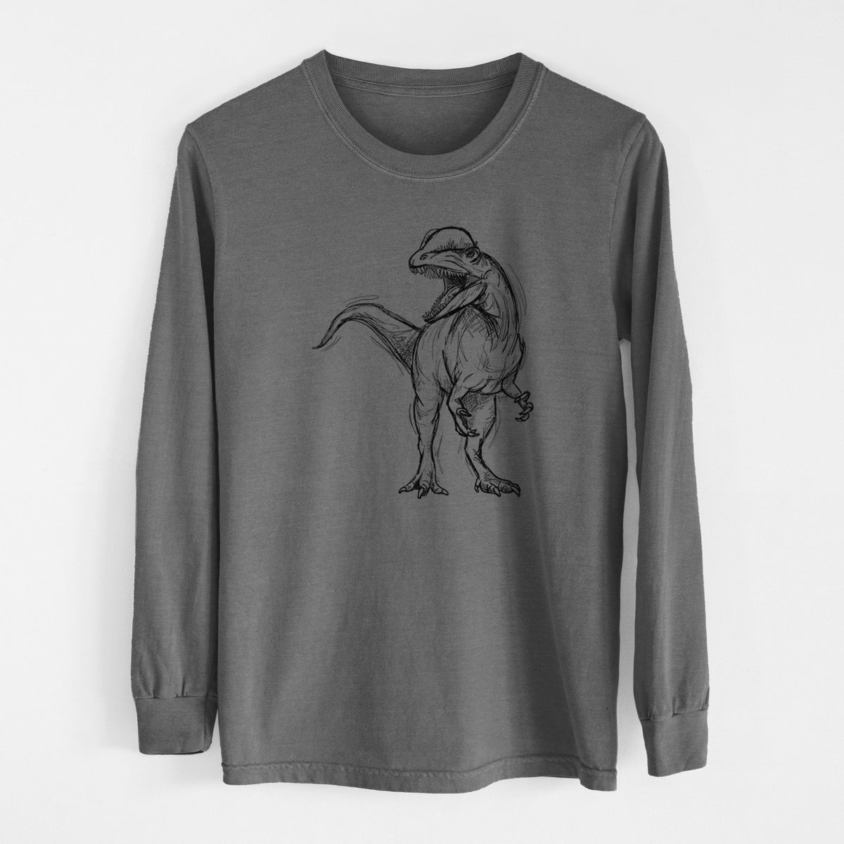 Pepper Comfort Colors long sleeve shirt laid flat, printed with a black ink illustration of a Dilophosaurus with its neck frill, walking.