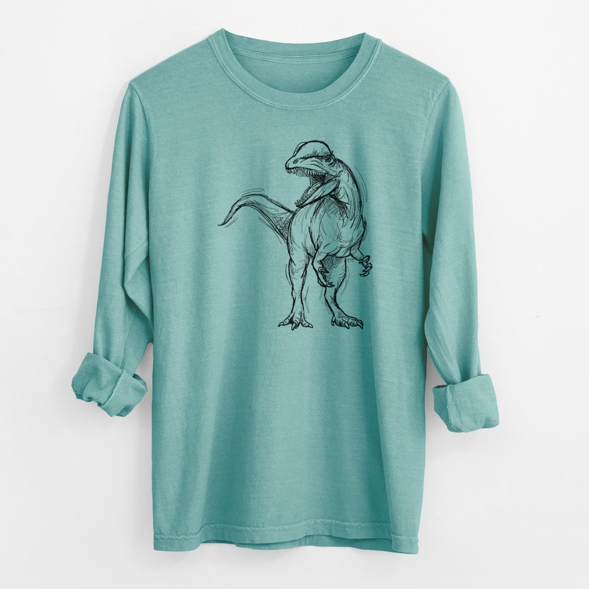 Reef green Comfort Colors long sleeve shirt laid flat with the cuffs rolled, printed with a black ink illustration of a Dilophosaurus with its neck frill, walking.
