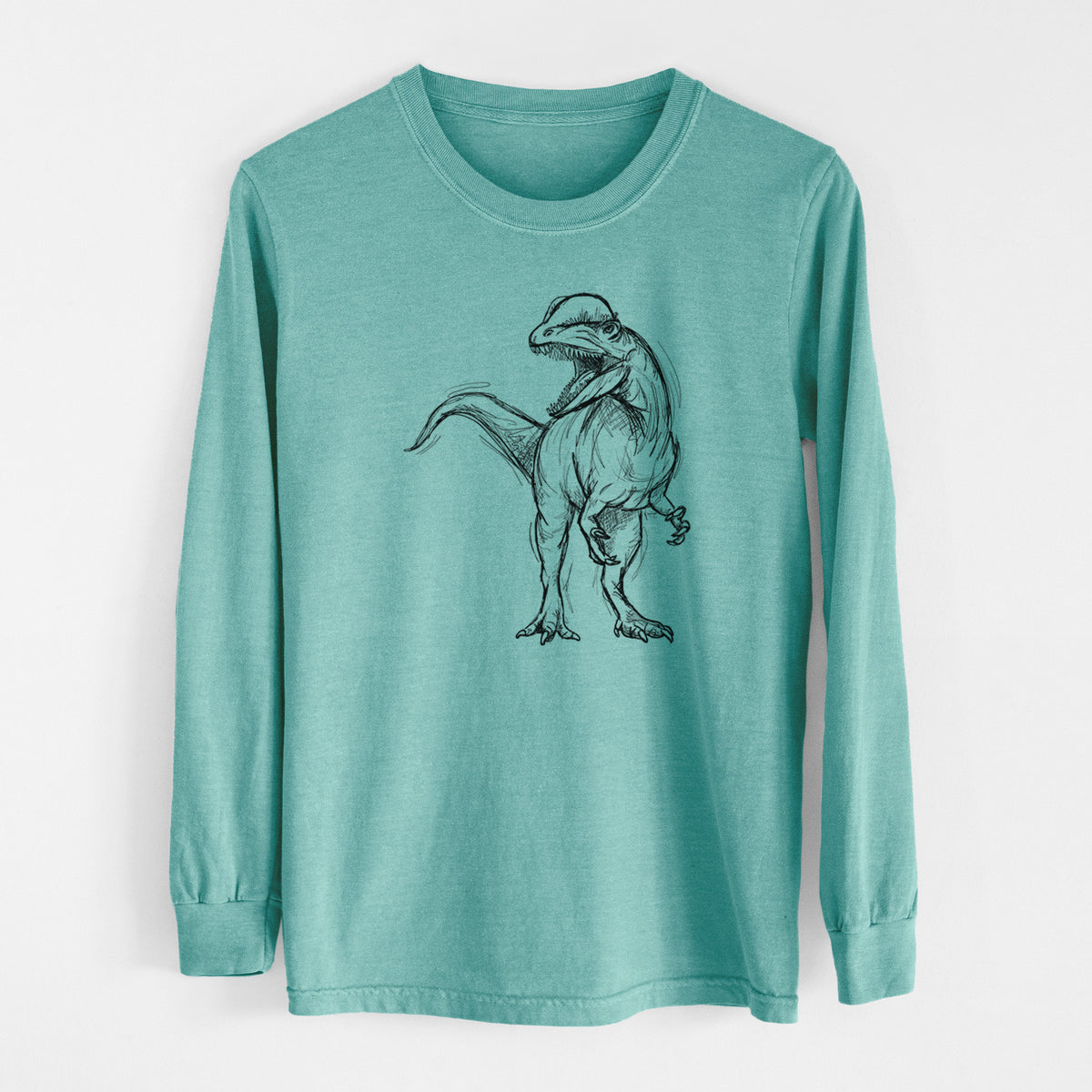 Reef green Comfort Colors long sleeve shirt laid flat, printed with a black ink illustration of a Dilophosaurus with its neck frill, walking.