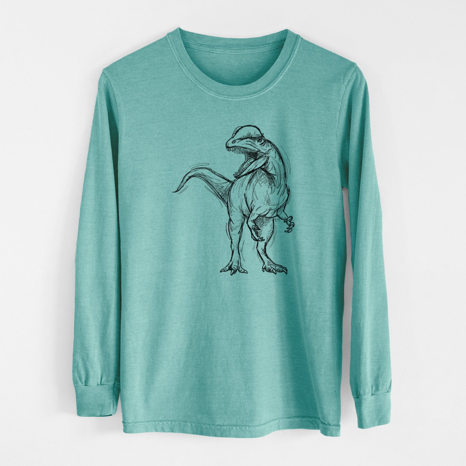 Reef green Comfort Colors long sleeve shirt laid flat, printed with a black ink illustration of a Dilophosaurus with its neck frill, walking.