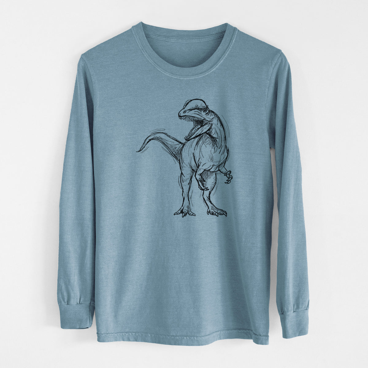 Steel blue Comfort Colors long sleeve shirt laid flat, printed with a black ink illustration of a Dilophosaurus with its neck frill, walking.