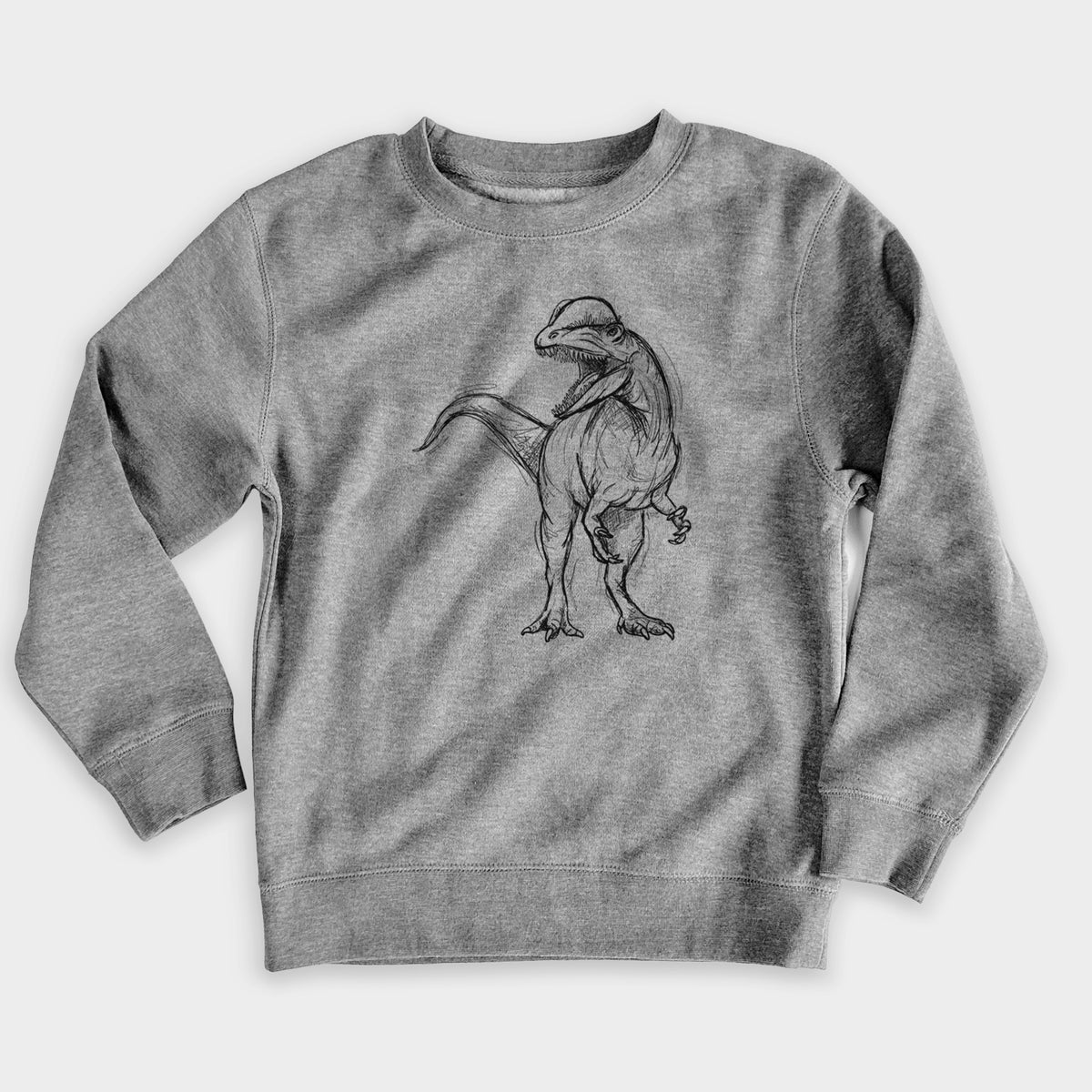 Nickel grey youth crewneck sweatshirt laid flat, printed with a black ink illustration of a Dilophosaurus with its neck frill, walking.
