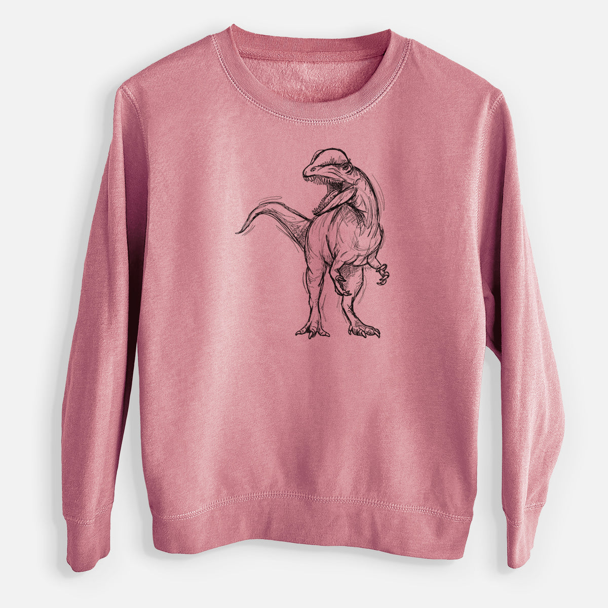 Mauve pink youth crewneck sweatshirt laid flat, printed with a black ink illustration of a Dilophosaurus with its neck frill, walking.