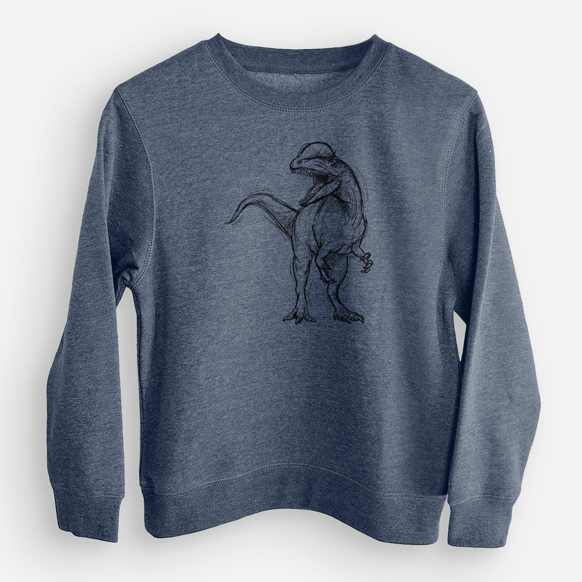 Storm blue youth crewneck sweatshirt laid flat, printed with a black ink illustration of a Dilophosaurus with its neck frill, walking.