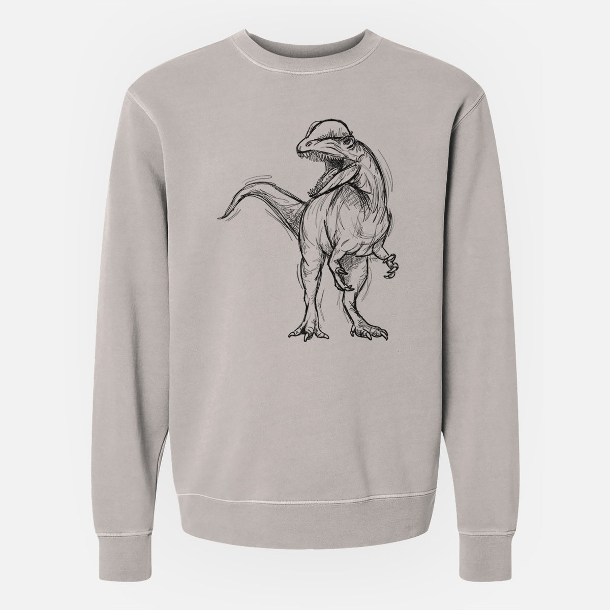 Cement grey pigment dyed crewneck sweatshirt laid flat, printed with a black ink illustration of a Dilophosaurus with its neck frill, walking.