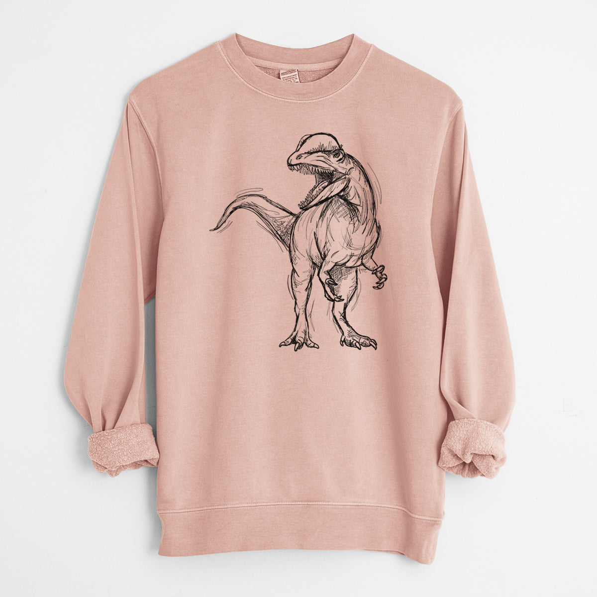 Dusty pink pigment dyed crewneck sweatshirt laid flat with the sleeves rolled, printed with a black ink illustration of a Dilophosaurus with its neck frill, walking.